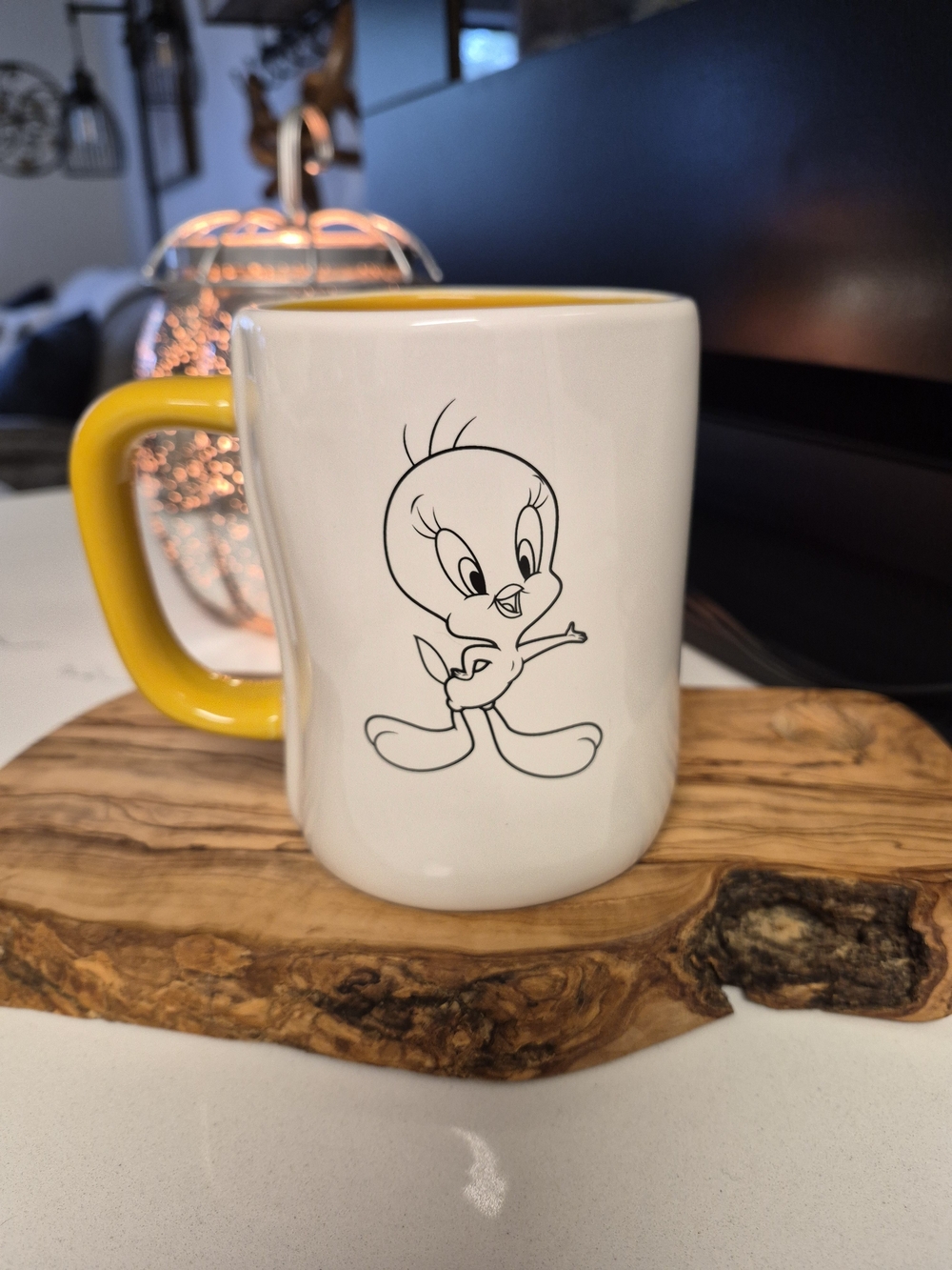 Rae Dunn White Ceramic Mug with Yellow Handle and Interior
